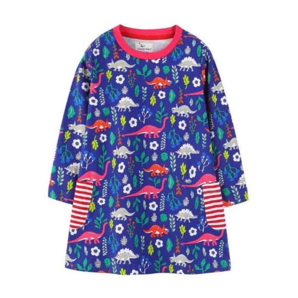 knee length dresses for ladies Girls Dinosaur Dress Dino Tunic | Striped Sleeve Blush Dress main image 1